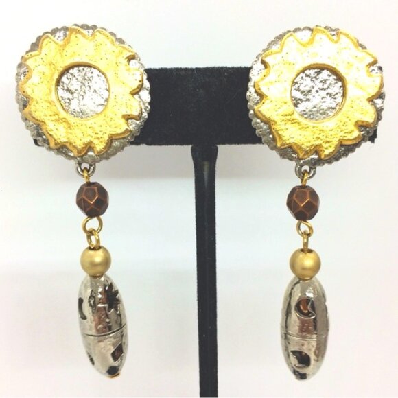 VINTAGE LIZ CLAIBORNE CELESTIAL MIXED METAL DANGLE EARRINGS CLIP ON 80S SUN MOON - Picture 1 of 14